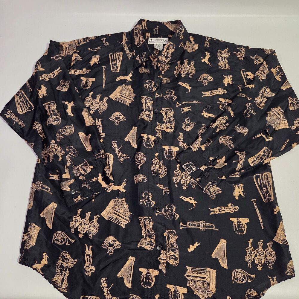 Compagnie Internationale Whistles 100% Silk Black Button Shirt Musical Print Med